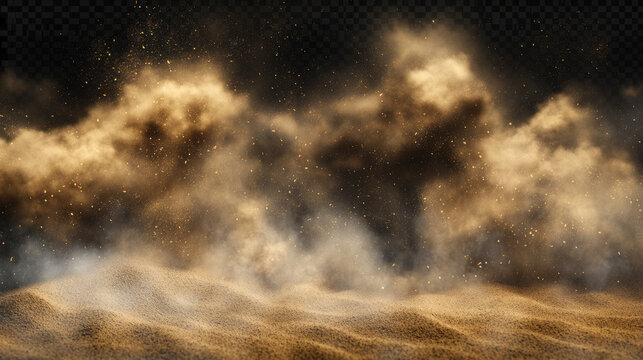 Desert sandstorm, brown dusty cloud or dry sand flying with gust of wind, big explosion realistic texture with small particles or grains vector frame, border isolated on transparent background