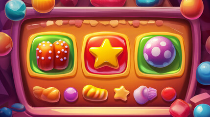 Candy game ui level indicator to select star icon cartoon design. Complete button option and lock jelly glossy button collection. Press different sweets number clipart kit for mobile videogame