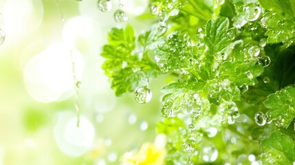 Close-up of green leaves with water droplets, highlighting freshness and nature's beauty.