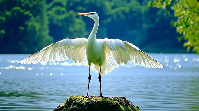 Graceful egret spreading wings by the tranquil lake on a sunny day surrounded by lush green trees