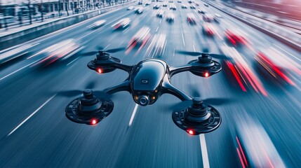Futuristic drone with camera controls highway road conditions