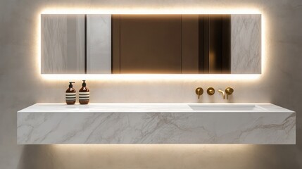 A marble bathroom vanity with a floating design, sleek brass fixtures, and a backlit mirror in a minimalist luxury home