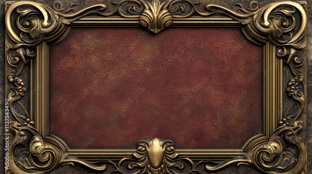 Aufkleber game ui long button with thin gold frame. rectangular medieval border with golden metal ornament for