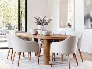Modern dining room with wooden table and upholstered chairs exhibiting elegant interior design