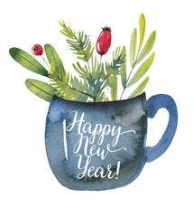 A festive watercolor illustration featuring a blue mug with greenery