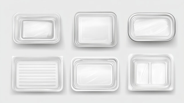 White plastic trays, package with clear film for food. Empty styrofoam containers different shapes in top view isolated on transparent background, vector realistic illustration