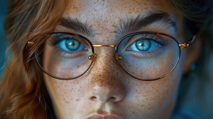A close up of a woman wearing glasses, ideal for use in portraits or as a focus point in an image