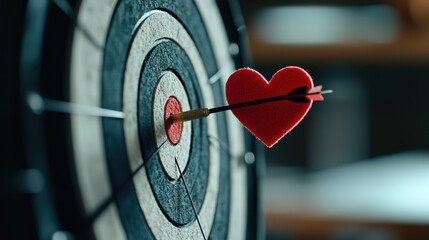 Archery targeting love heart arrow hits bullseye in indoor setting captured from close viewpoint