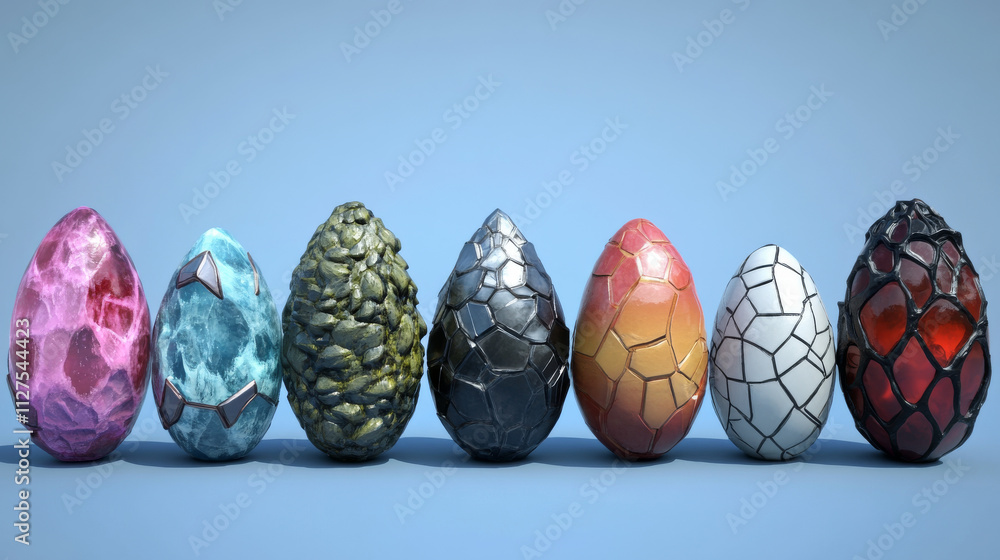 Poster dragon eggs with different texture for ui game design. vector cartoon set of fairy tale eggs of dino