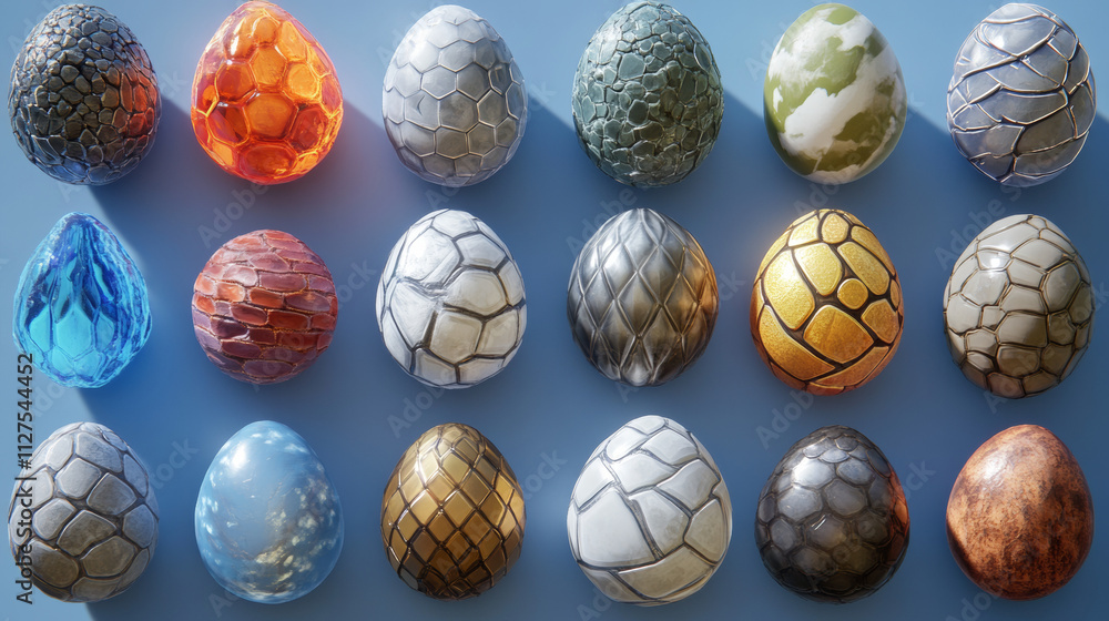 Poster dragon eggs with different texture for ui game design. vector cartoon set of fairy tale eggs of dino