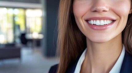 Fototapeta premium Portrait of a happy woman with long brown hair looking directly at the camera