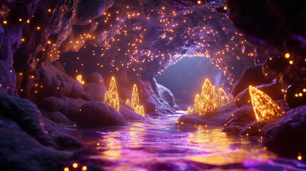 Obraz premium A mystical cave features sparkling crystals and a serene water stream