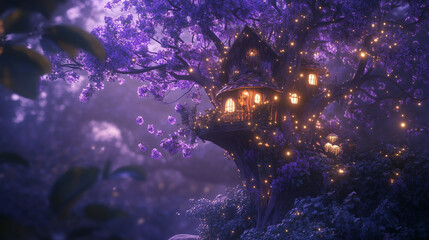 A magical treehouse adorned with lights nestled in vibrant purple blooms