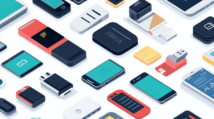 Vector technology usb, battery and connector cartoon icon set. Isolated smart device and computer accessories graphic illustration. Portable powerbank, thumbdrive and smartwatch neon symbol design