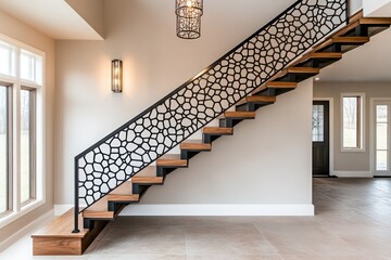 A modern staircase in a Craftsman-style house featuring floating walnut steps and intricately designed black metal railings