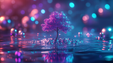 A vibrant purple tree rises from sparkling water under soft lights