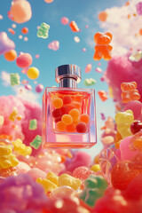 Colorful candy in a perfume bottle with fluffy clouds and sweets