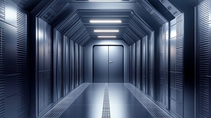 Metal door, sliding gates in spaceship hallway interior. Closed, open, slightly ajar shuttle or secret laboratory entrance, futuristic bunker, ski-fi gateways on wall. Realistic 3d vector illustration