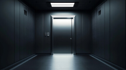 Metal door, sliding gates in spaceship hallway interior. Closed, open, slightly ajar shuttle or secret laboratory entrance, futuristic bunker, ski-fi gateways on wall. Realistic 3d vector illustration