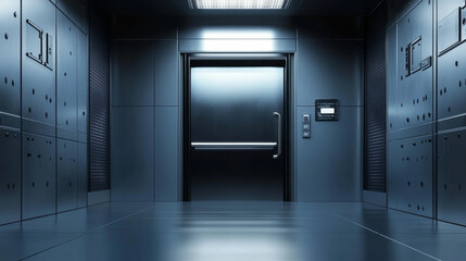 Metal door, sliding gates in spaceship hallway interior. Closed, open, slightly ajar shuttle or secret laboratory entrance, futuristic bunker, ski-fi gateways on wall. Realistic 3d vector illustration