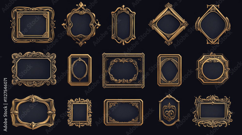 Poster realistic set of vintage avatar frames and game buttons isolated on black background. vector illustr
