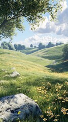 Fototapeta premium A serene landscape featuring rolling hills, lush grass, and vibrant wildflowers under a blue sky.
