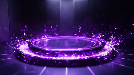 Purple game hologram light circle podium teleport. 3d magic technology neon glow hud platform element vector design set. Fantasy energy stage with sound wave, plexus line, stardust and arch sparkle