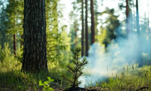 Small pine tree seedling amidst smoke and forest trees.