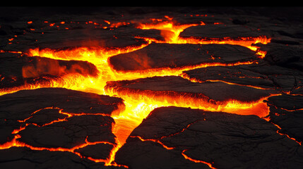 Volcano ground texture with lava in cracks and broken stones. Volcanic rocks with light effect in fissures and land surface breaks with hot magma, vector cartoon illustration