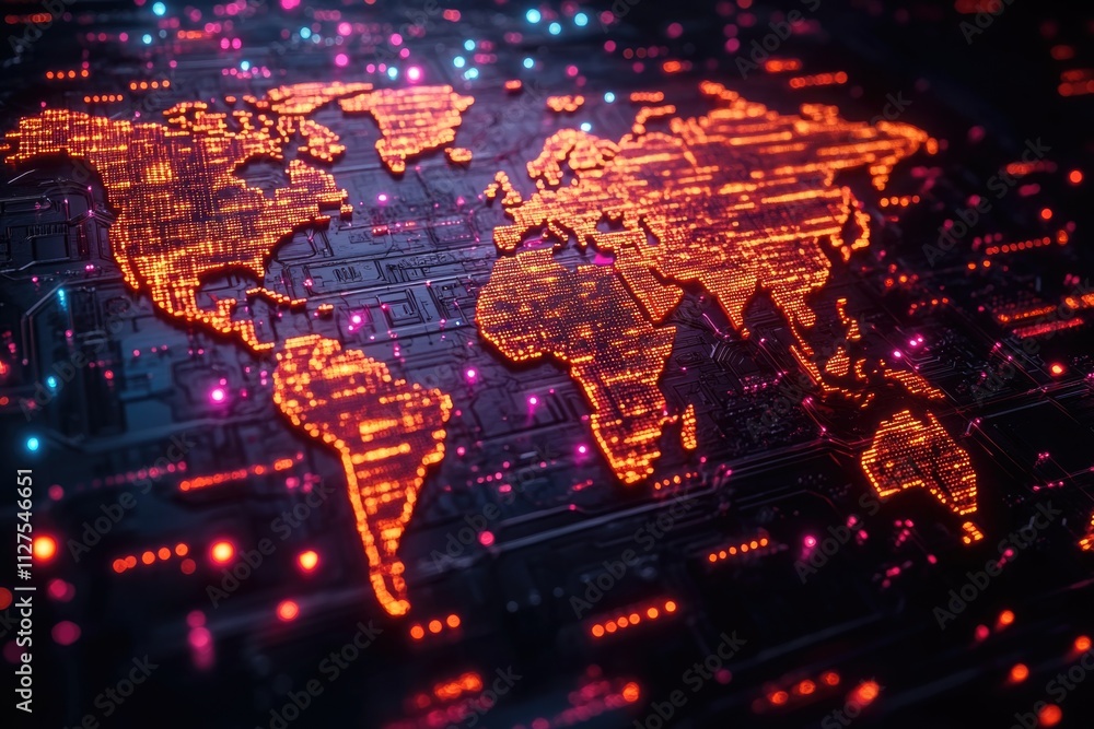 Poster a detailed map of the world displayed on a circuit board