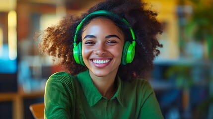An African woman call center agent, wearing a green blouse, smiling brightly while using a headset and laptop for customer service. Ideal for stock use in tech, communication, and professional setting