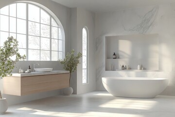 A serene bathroom with pale marble surfaces, a floating vanity with soft wooden accents, and a freestanding tub near large windows