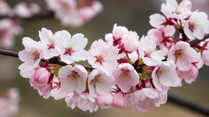 Delicate Cherry Blossom Branch in Full Bloom. A stunning close-up of pink cherry blossoms in full bloom, showcasing their intricate petals and natural beauty against a soft background.