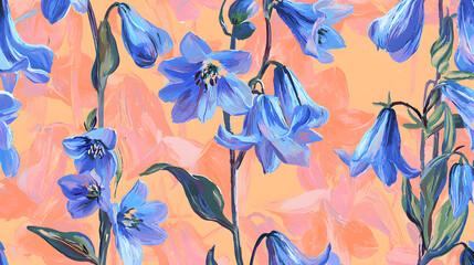 A painting of blue flowers on a yellow background