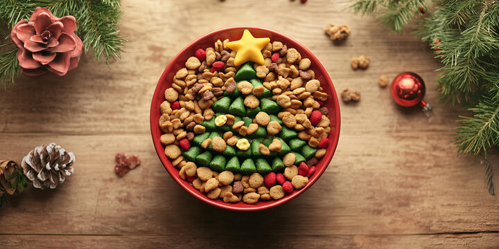 Bowl of cat food shaped in a form of Christmas tree. Celebrating seasonal holidays with pets