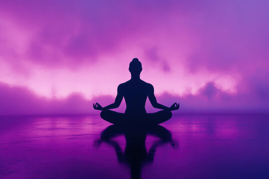 Human silhouette in meditation lotus pose on a universe background. Concept for meditation and calming. - Powered by Adobe
