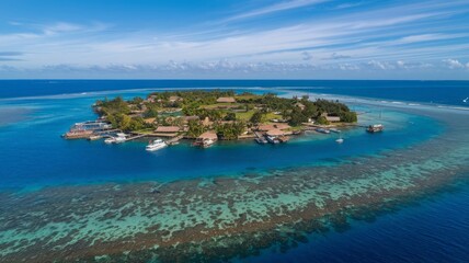 Obraz premium Breathtaking Aerial View of Tropical Island Paradise. Experience the beauty of a serene tropical island, surrounded by crystal-clear waters and lush greenery. Perfect for travel and adventur...