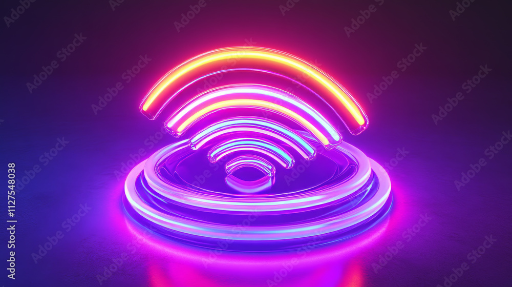 Poster 3d wifi neon light symbol technology vector effect. abstract wireless wave sign glow icon. sound sca