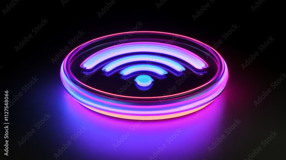 Poster 3d wifi neon light symbol technology vector effect. abstract wireless wave sign glow icon. sound sca