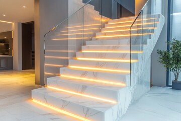 A sleek L-shaped floating staircase with glowing white marble steps, discreet RGB lighting, and frameless glass side panels in a luxury home