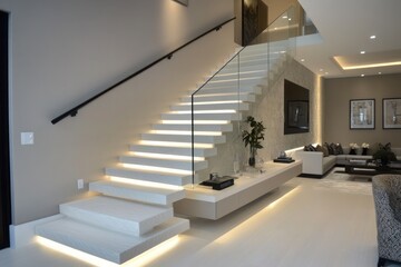 A sleek floating staircase with white stone treads, subtle LED lighting, glass panel railings, and a spacious contemporary living room with plush decor