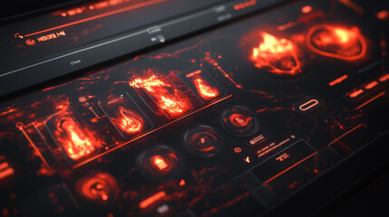 Game menu interface ui elements, buttons, progress bars, settings, login and password board. Gui user panel with sliders, keys, red glowing design with devil horns and hell fire flames Vector graphics