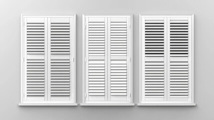 Office or home window frame with jalousie. Closed and ajar opening interior venetian blind plastic and fabric roll curtain with control cord. Realistic 3d vector set of white louvers shutter.