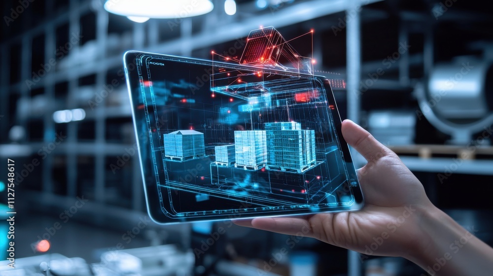 Poster transforming warehouse management efficient digital inventory control and technology visualization