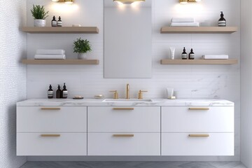 A sleek modern bathroom with a white marble vanity, gold hardware, and floating shelves accentuating a minimalist aesthetic
