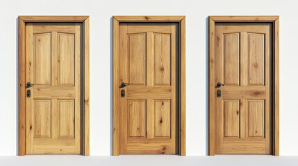 Closed, ajar and open wooden front door. Realistic 3d vector illustration set of sequence step of entrance opening. House or office interior element with light wood texture. Doorway with handle mockup