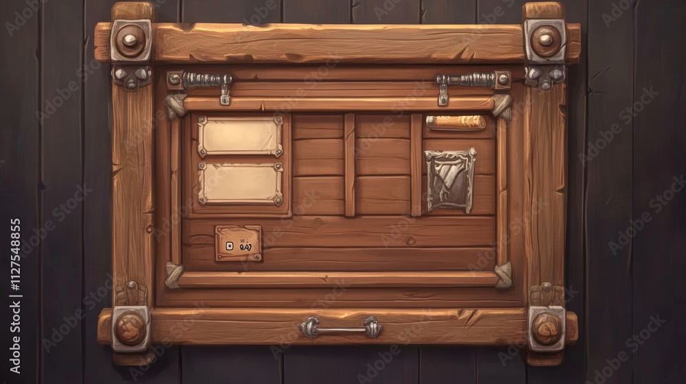 Aufkleber shop game interface design - cartoon vector illustration wooden frame with card for item and button 
