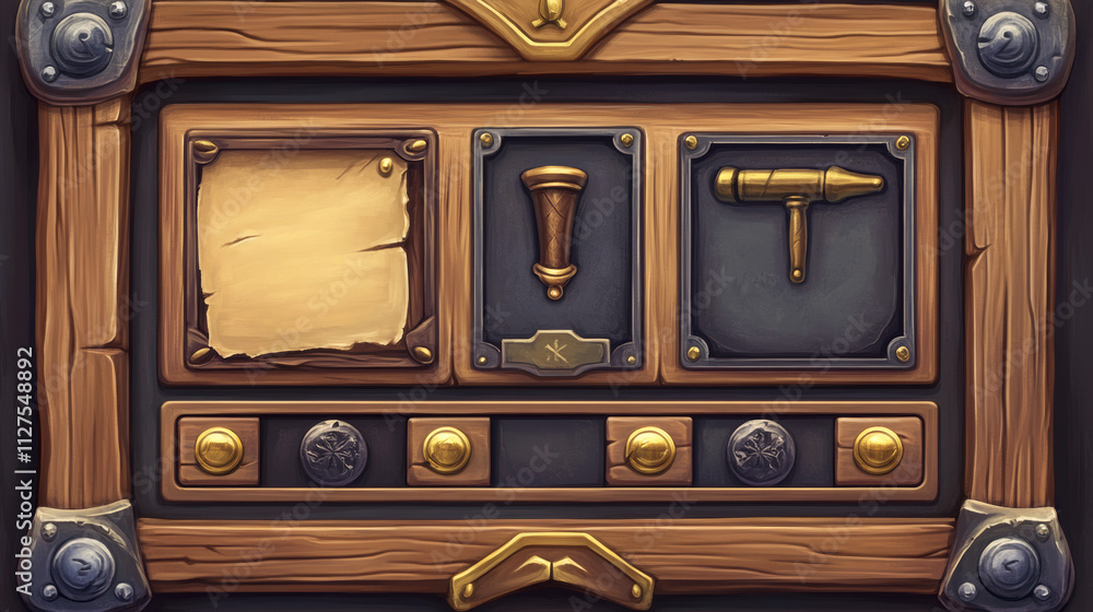 Aufkleber shop game interface design - cartoon vector illustration wooden frame with card for item and button 