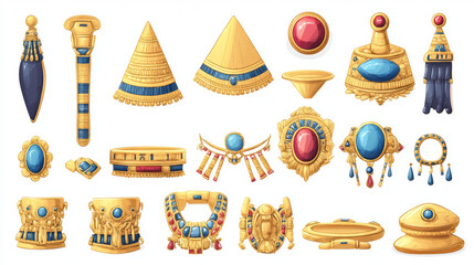 Egyptian golden decorations set isolated on white background. Vector cartoon illustration of ancient pharaoh treasure, precious frames decorated with blue and red gemstones, game ui design elements