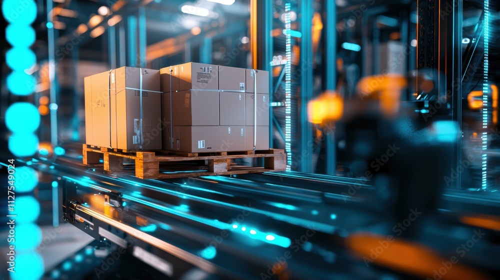 Poster automated package handling warehouse digital visualization high-tech environment dynamic perspective
